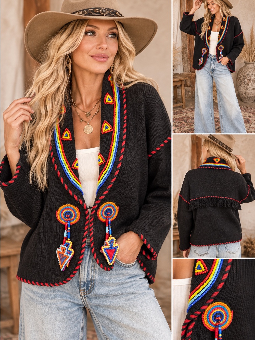 Vintage Black Embroidered Beaded Southwestern Boho Western Cardigan